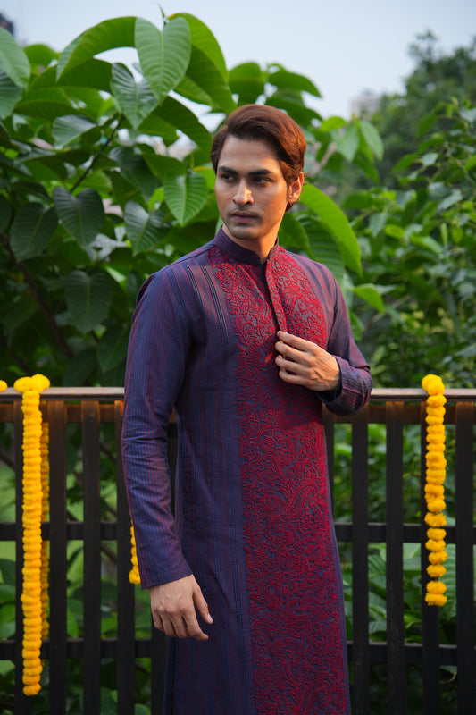 Blue-Maroon Embroidered Kurta
